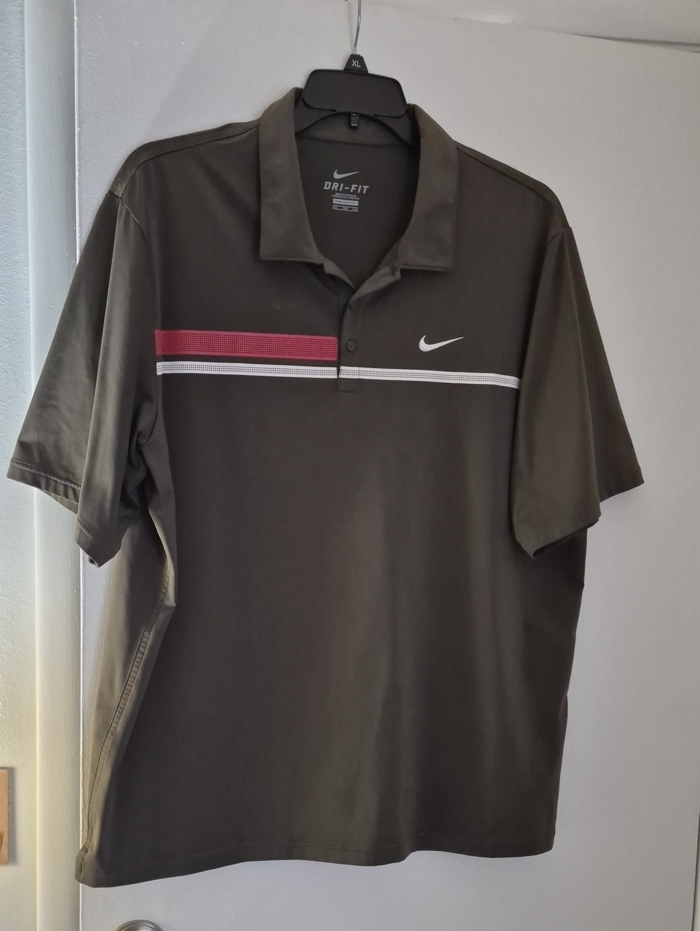 Nike Olive Green Polo with Red and White Chest Stripes